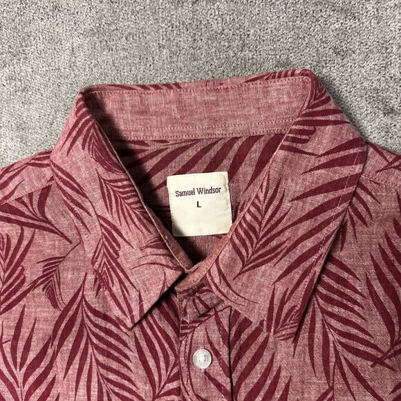 Samuel Windsor Shirt Mens Linen Blend Button Up Large Red Chambray Leaves Hawaii - Picture 5 of 11